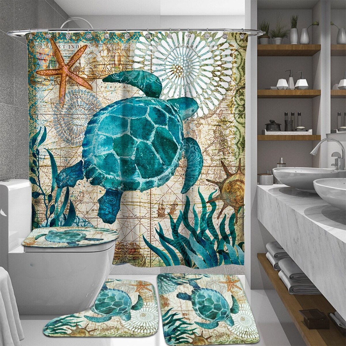 Ocean Beach Shell Sea Turtle Elephant Shower Curtain 3D Waterproof Curtains Bathroom Pedestal Rug Lid Toilet Cover Bath Mat Set