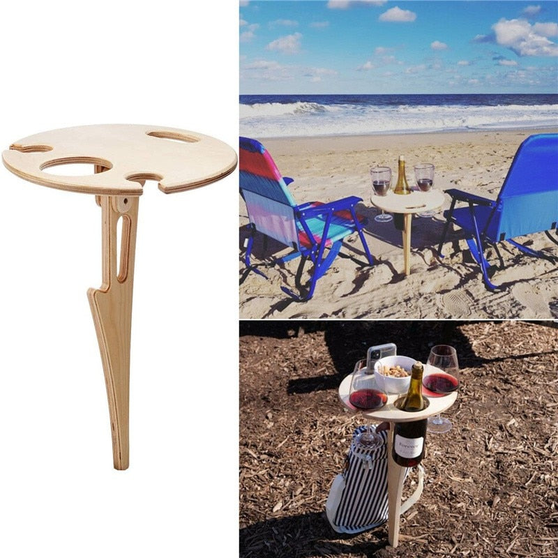 Picnic Wine Table with Mini Wooden Foldable Round Desktop