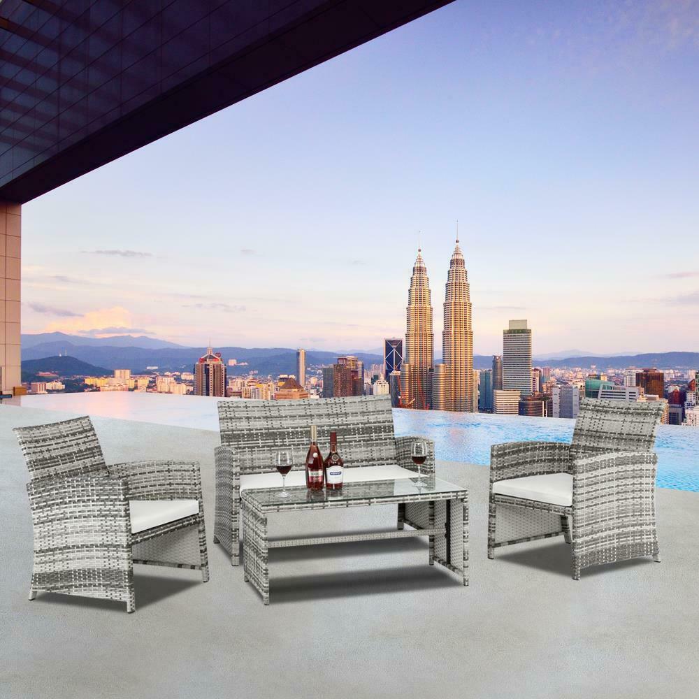 4PCS Outdoor Patio Rattan Wicker Furniture Set Loveseat Wicker Sofa + Cushioned