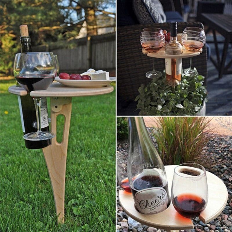 Picnic Wine Table with Mini Wooden Foldable Round Desktop