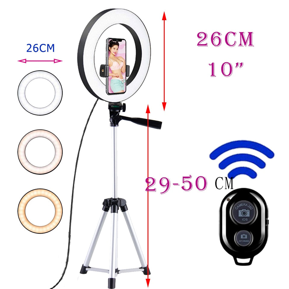 Led Selfie Ring Light 26cm Bluetooth Remote Lamp Photography Tripod Holder