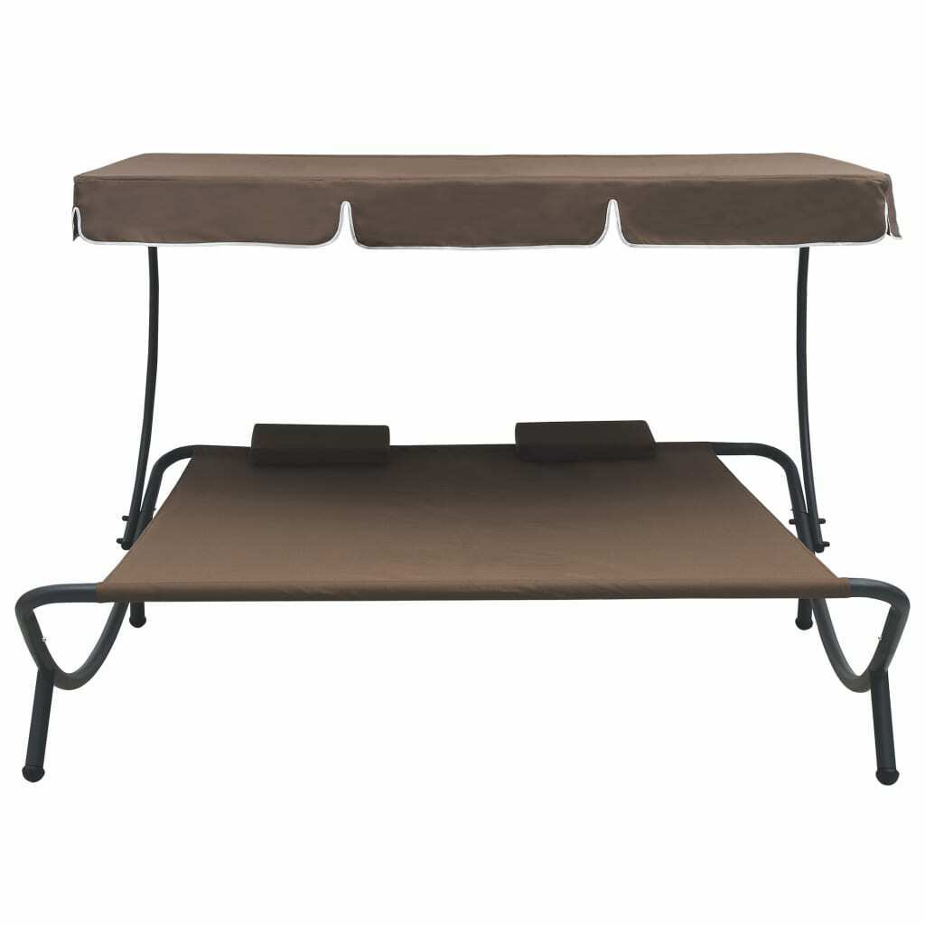 Outdoor Lounge Bed with Canopy Brown Garden Patio Sun Day Bed Pillows