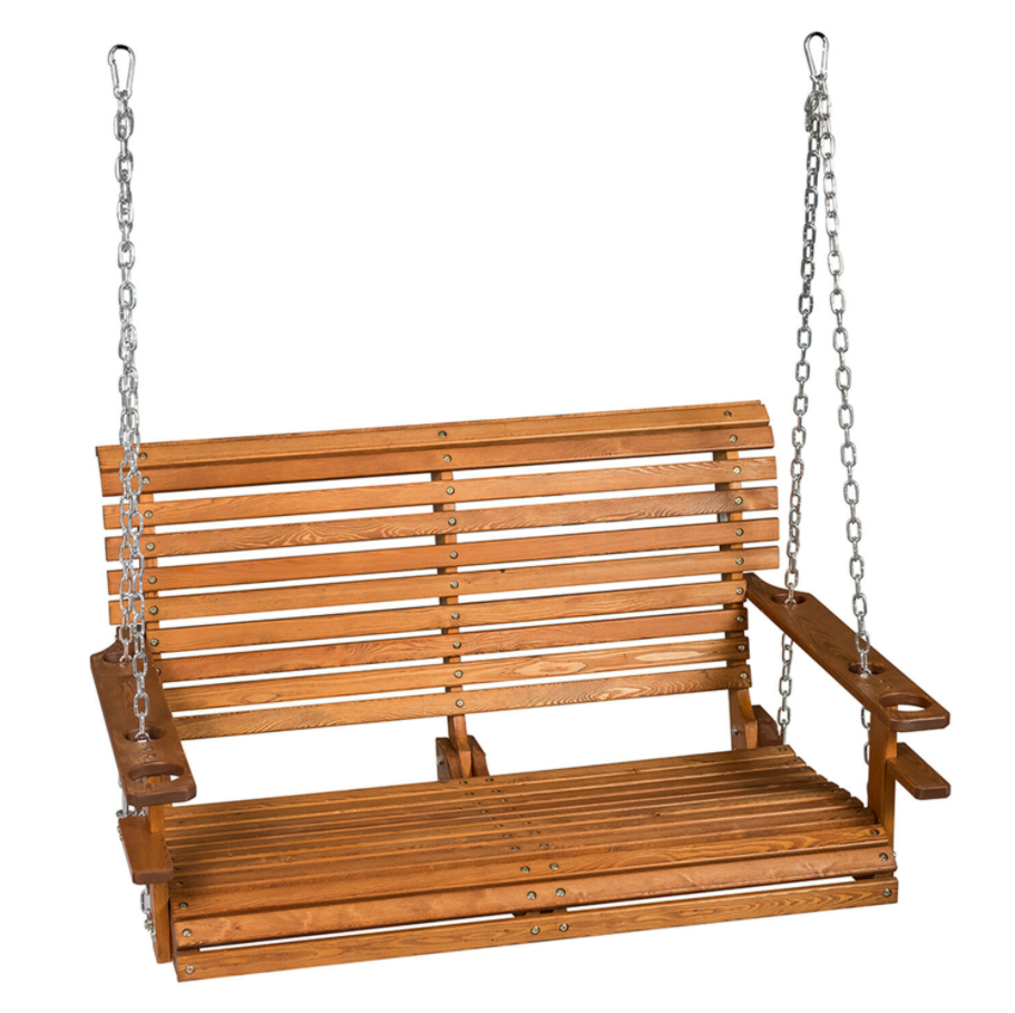 Wooden Porch Swing Hanging Bench Courtyard Seat With Cup Holder