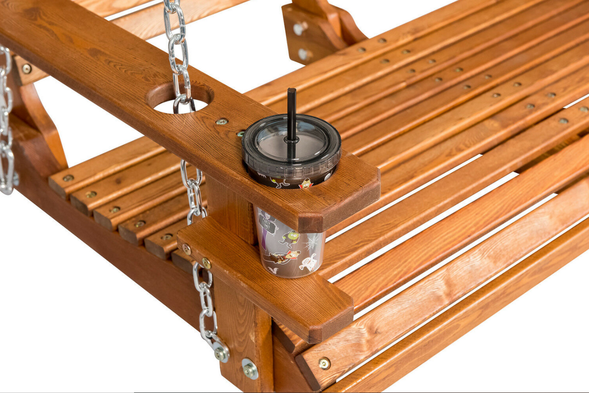 Wooden Porch Swing Hanging Bench Courtyard Seat With Cup Holder