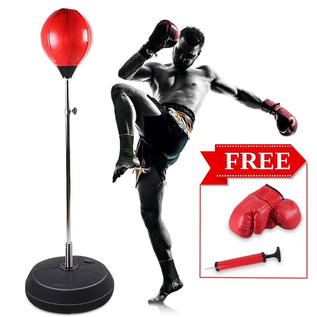 mixed martial arts mma athelete kicking freestanding red punching bag text caption free inflator boxing gloves