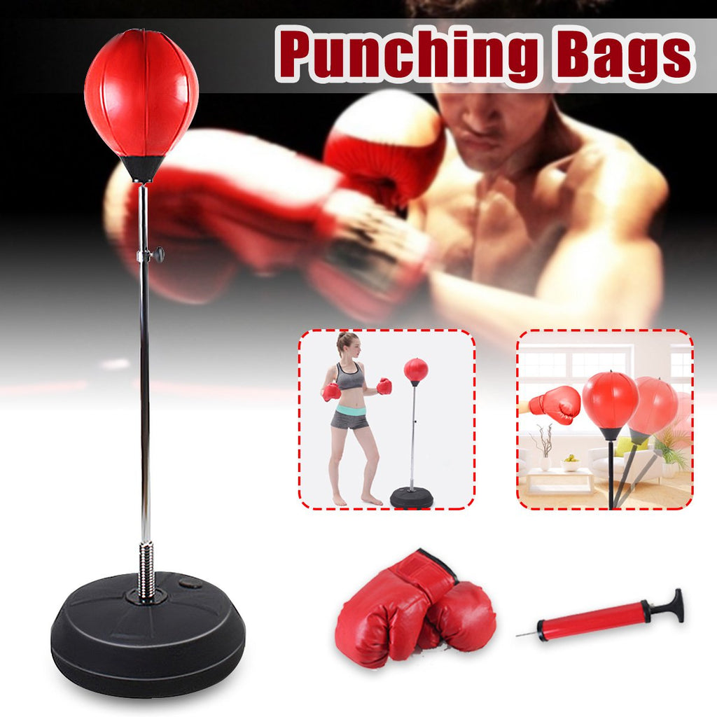 freestanding red boxing bag with silver pole black base text punching bags boxing gloves inflator 