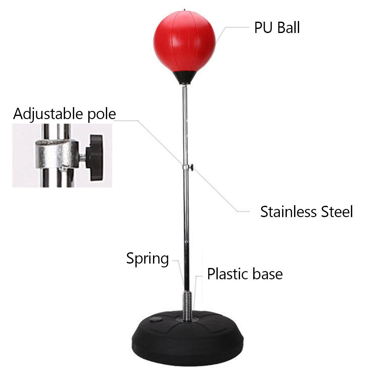 red inflatable punching bag text stainless steel black plastic base spring adjustable pole pu ball