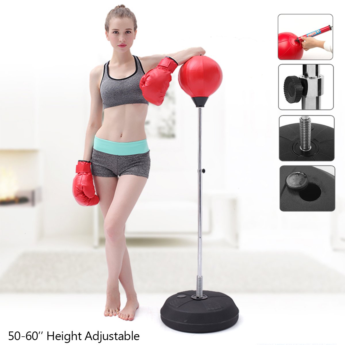 young girl wearing boxing gloves standing beside red inflatable freestanding punching bag text 50 60 inches height adjustable