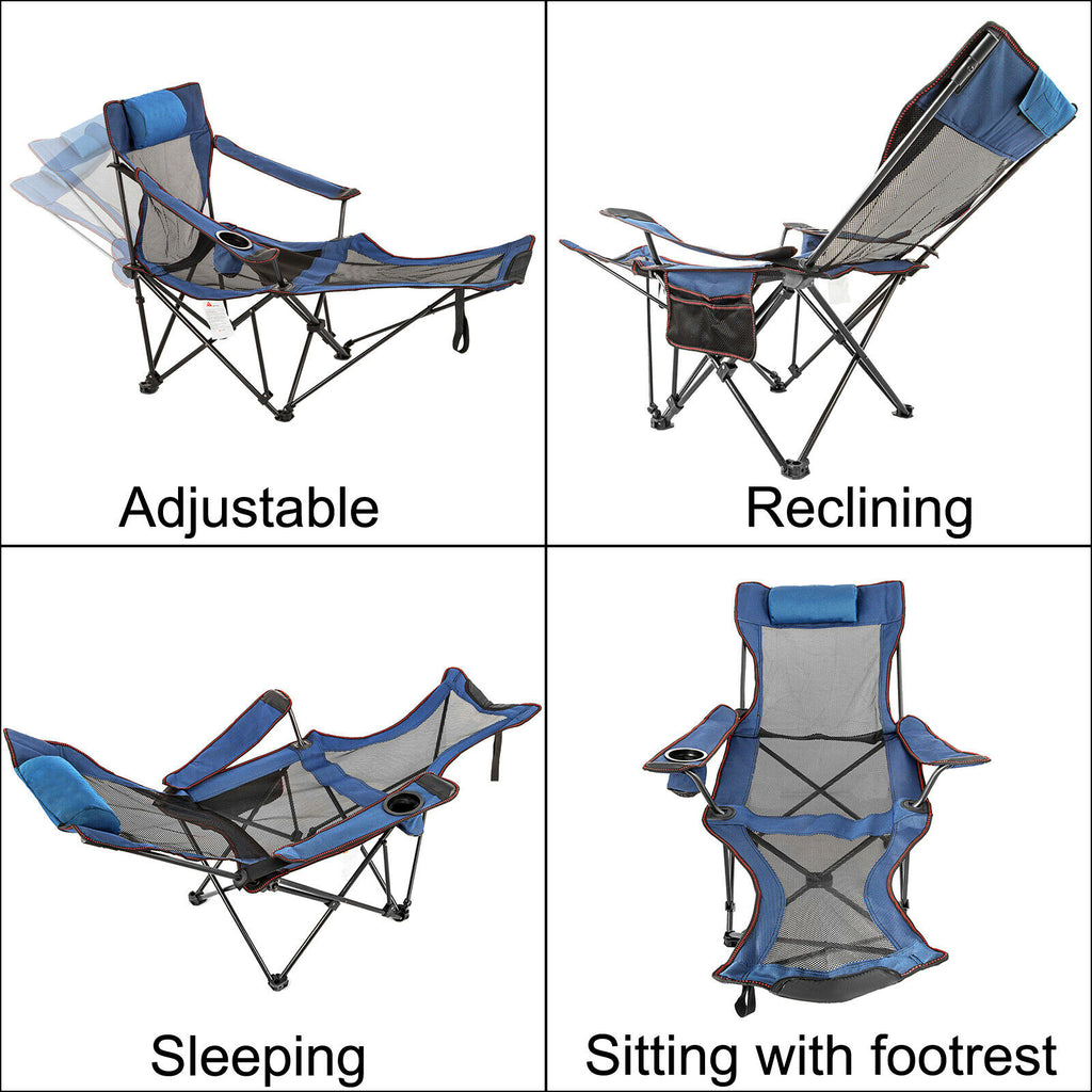 Reclining Folding Blue Camping Chair With Footrest Beach Chaise