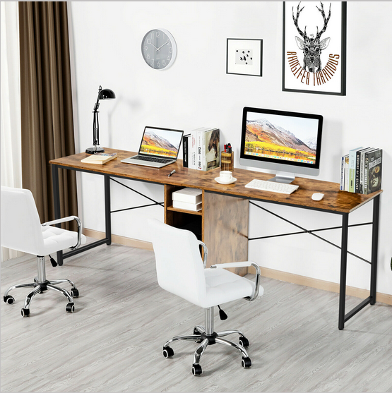 2 Person Computer Tower Desk Double Chair Rustic Workstation Office Storage