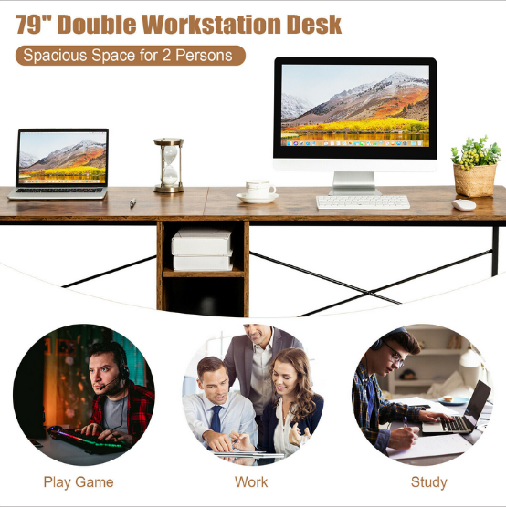 2 Person Computer Tower Desk Double Chair Rustic Workstation Office Storage