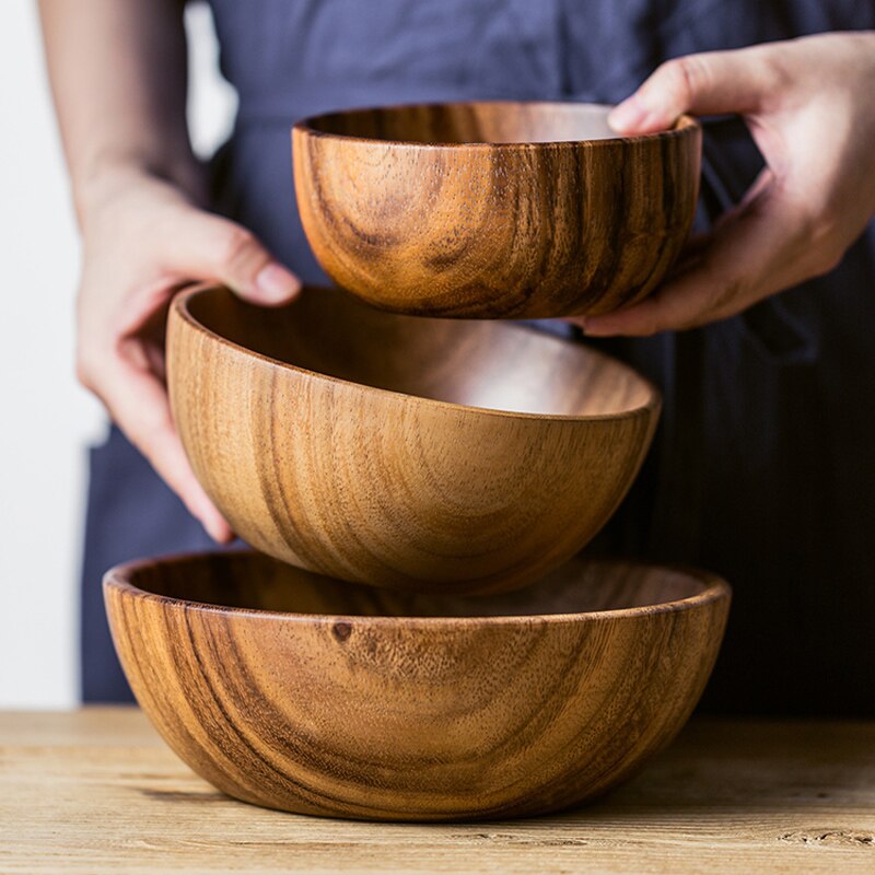 3 size unpainted natural acacia wooden bowl