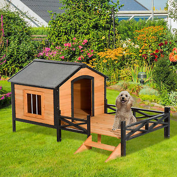 Wood Dog House Kennel Elevated Large Weather Resistant Outdoor Pet Shelter