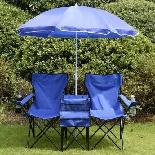 Folding Double Umbrella Chair Picnic Beach For Camping Table Cooler Fishing Travel