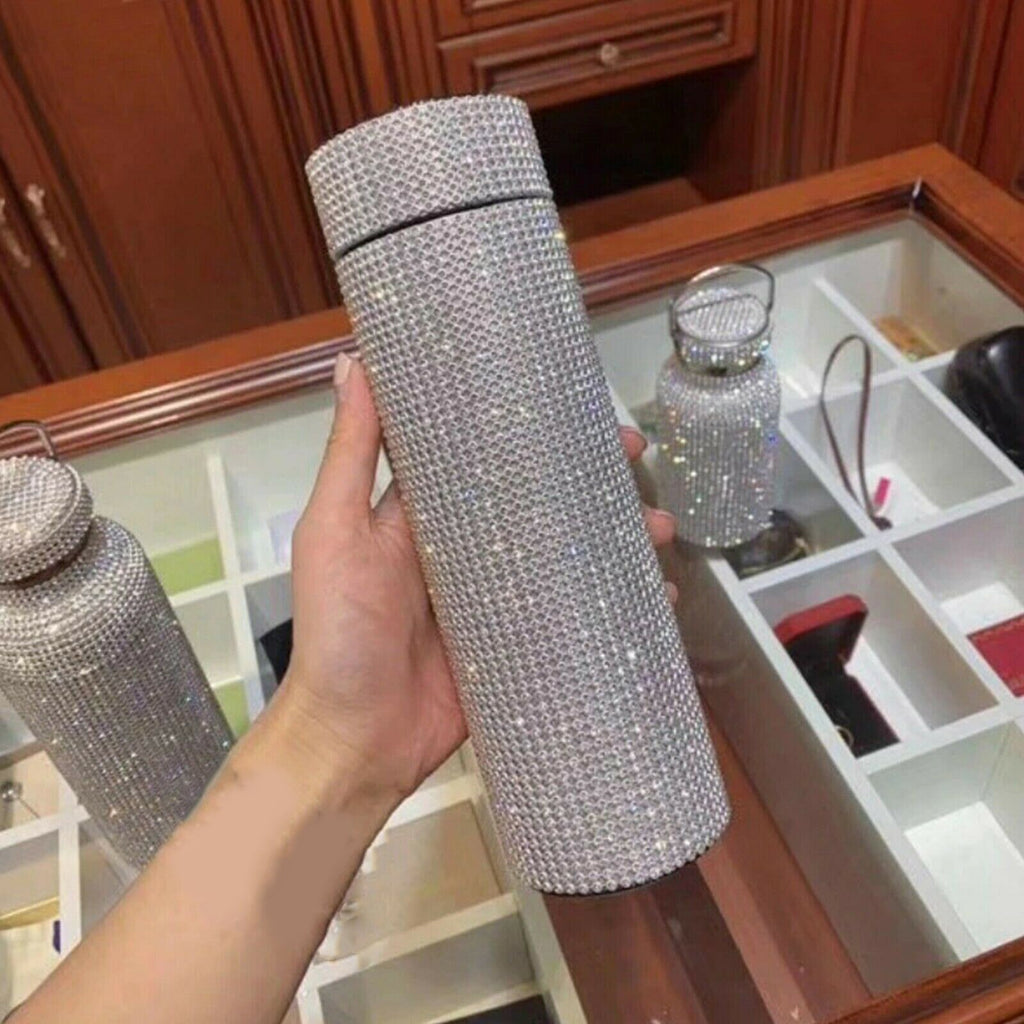 Glitter Diamond Water Bottle Rhinestone Bedazzled Thermos Sparkly Bling Coffee Tea Thermometer Flask