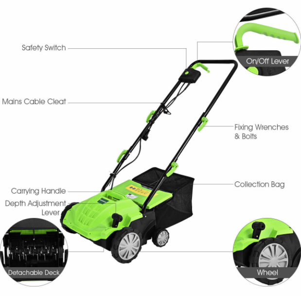 13” Electric Lawn Dethatcher 12 Amp Corded Outdoor Green Scarifier w/40L Bag
