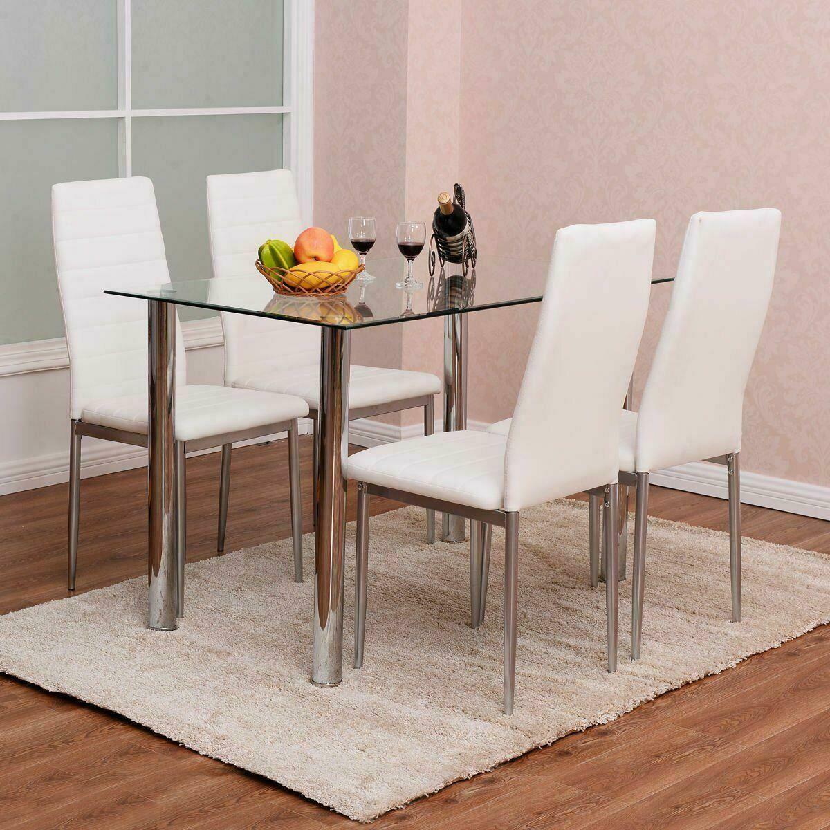 5 Piece Dining Set White Glass Table Four Faux Leather Chairs