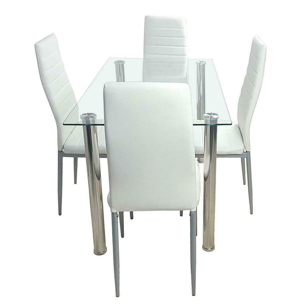 5 Piece Dining Set White Glass Table Four Faux Leather Chairs